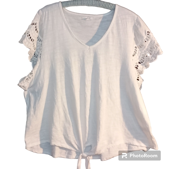 Maurices XL White Short Sleeve Blouse Top Lace Sleeves Knot‎ Front SKUW155 - Picture 8 of 10
